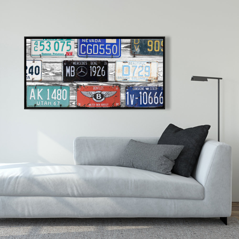 Vintage Plates Registration Canvas | Blue Framed Home Decor