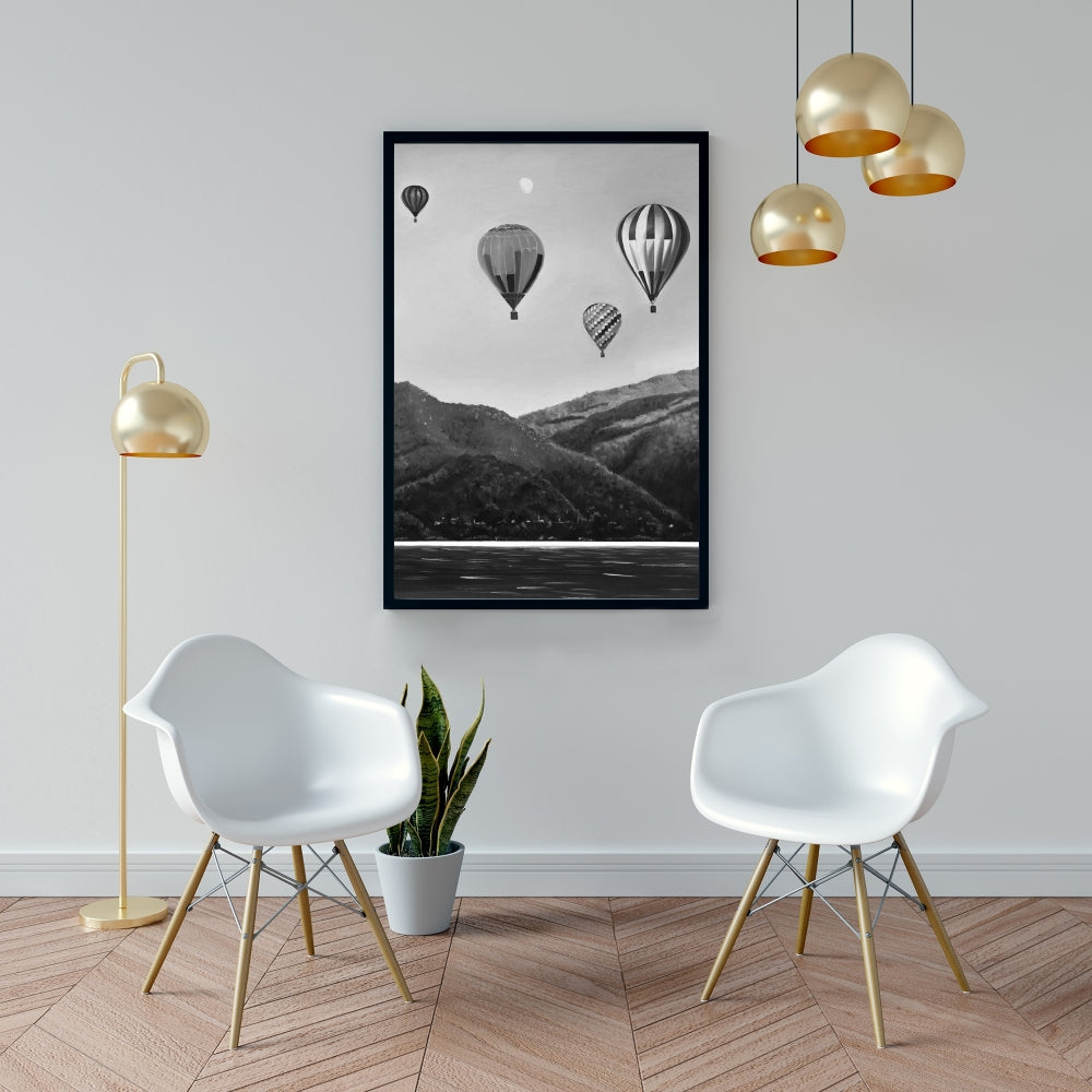 Paysage de montgolfières | Toile grise monochrome | Décoration d'intérieur