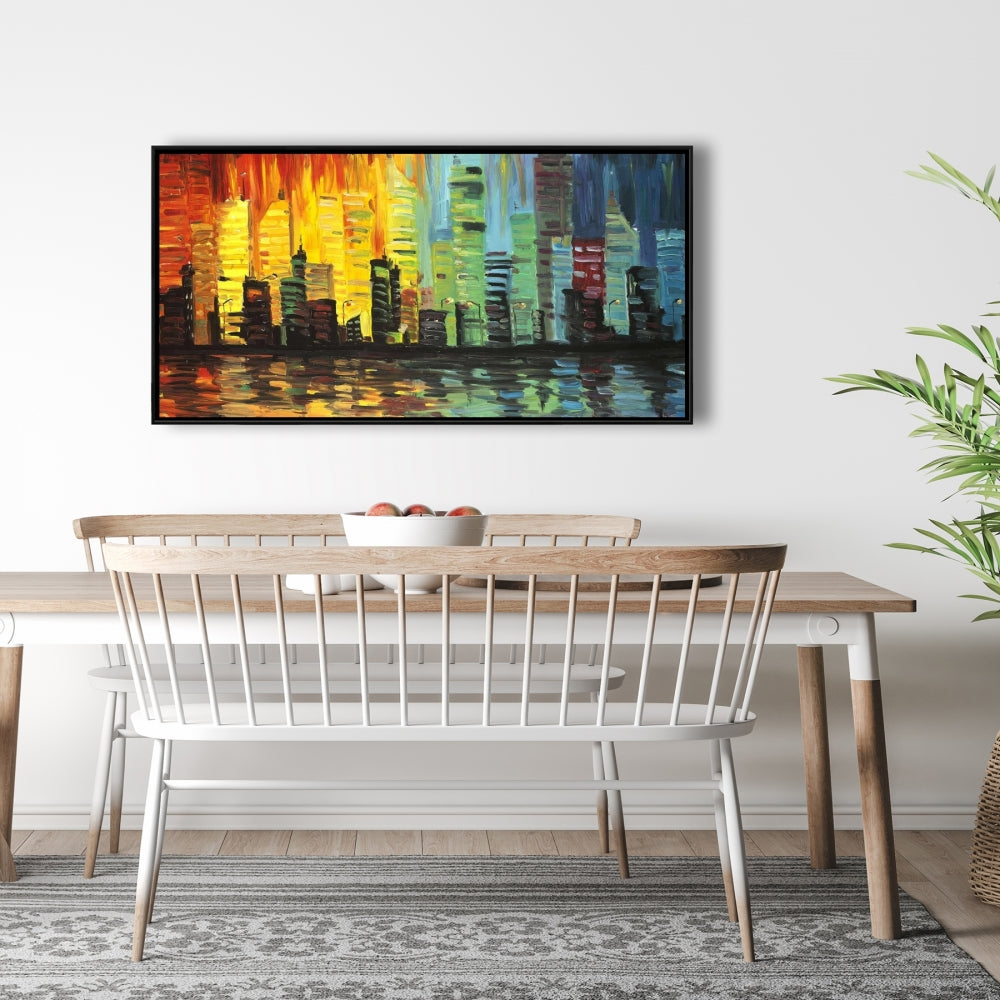 Toile encadrée « Ville aux tons colorés » – Décoration murale