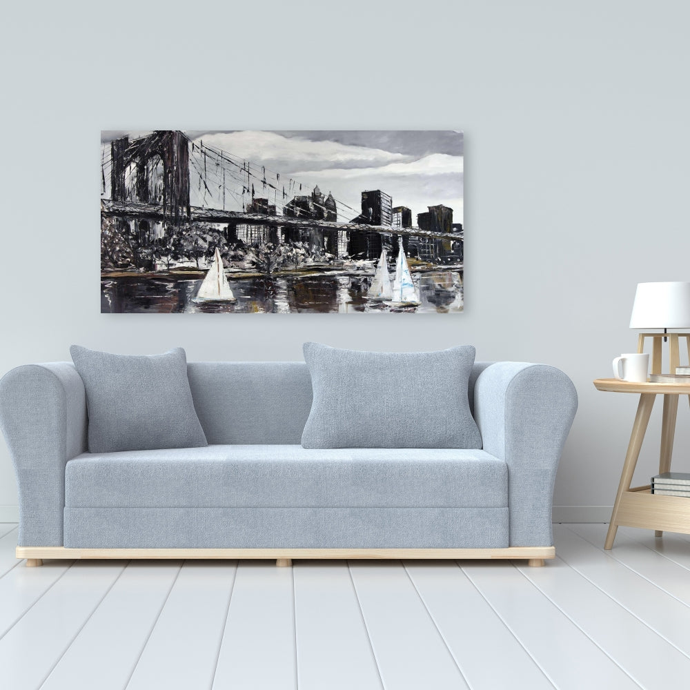 Brooklyn Bridge Sailboats Canvas | Living Room Wall Art Decor