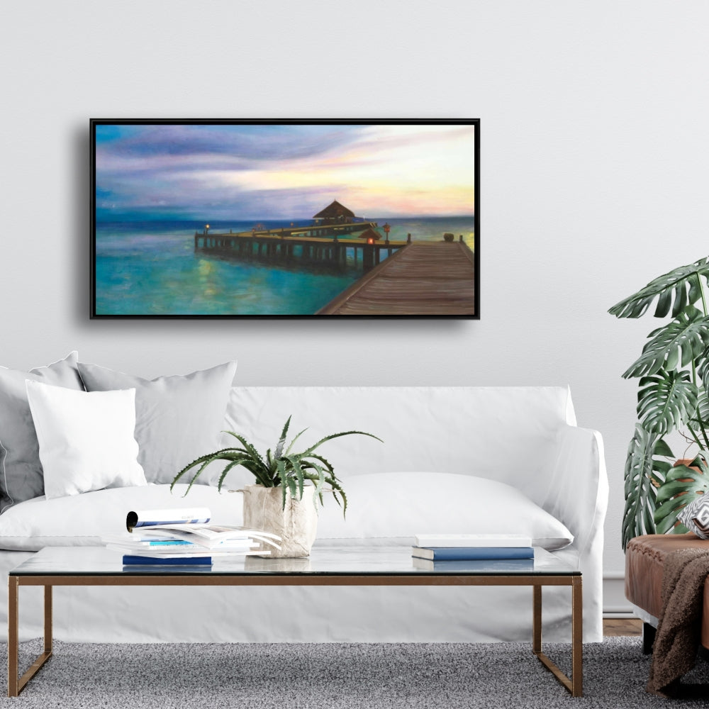 Boardwalk Sunset Canvas | Coastal Bedroom Blue Framed Decor