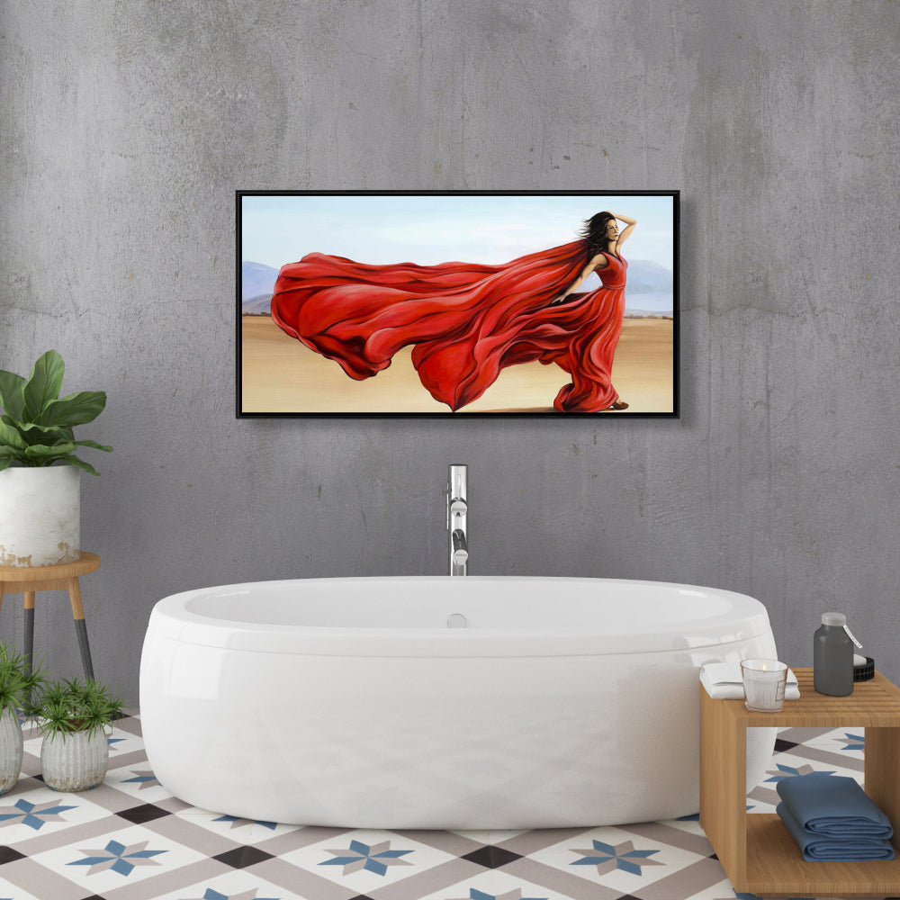 Red Dress in Desert | Blue Fashion Beach Canvas for Home Decor