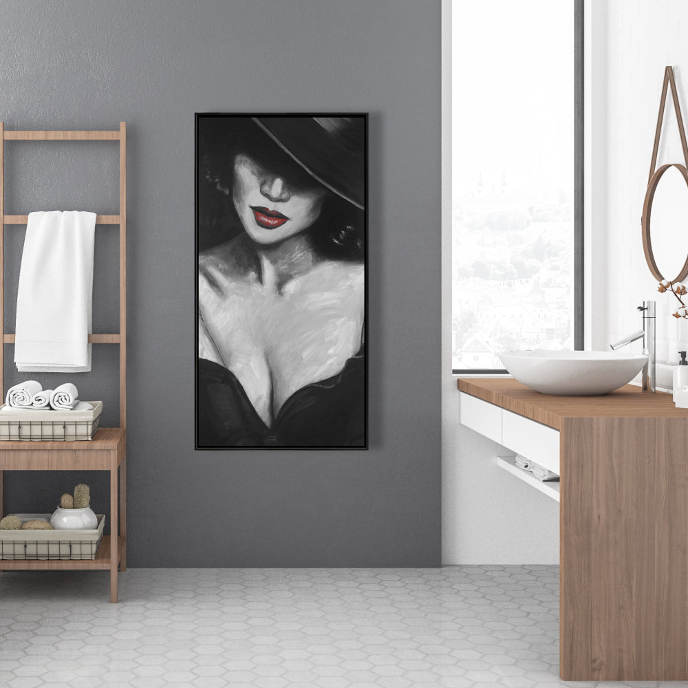 Toile encadrée « Beauté de la chambre grise » – Mystérieuse dame aux lèvres rouges