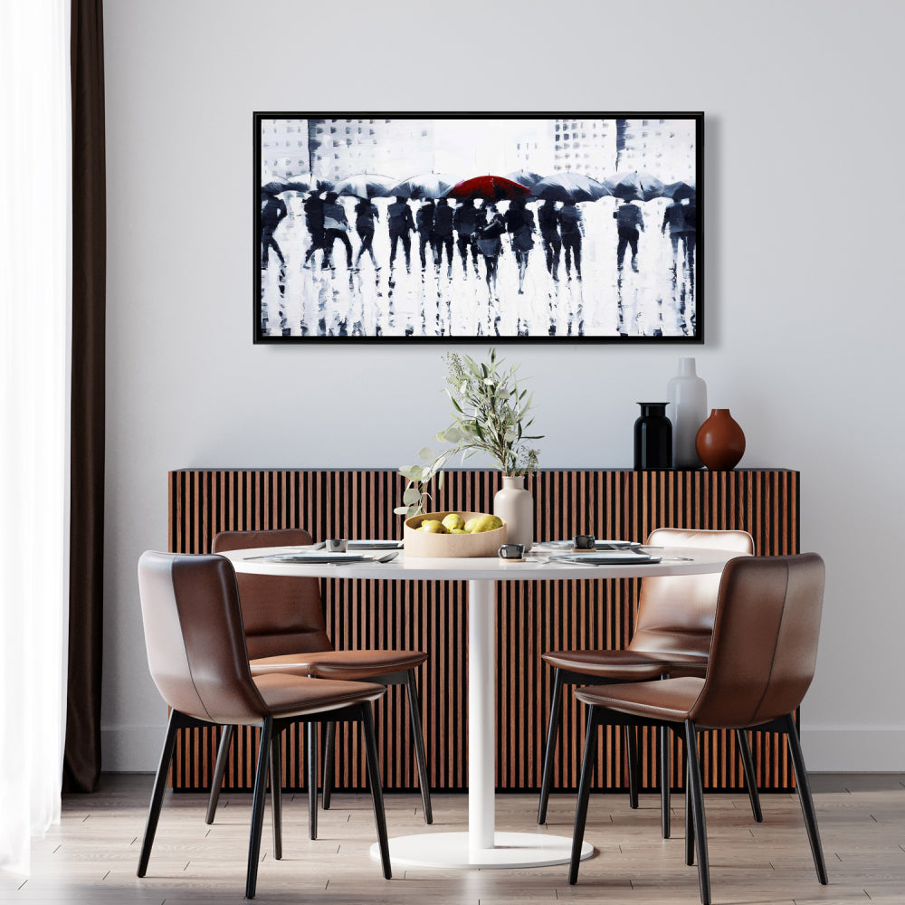 Silhouettes Walking in Rain - Blue Bedroom Framed Canvas Decor