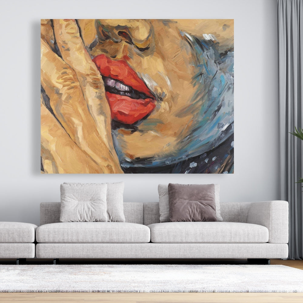 Beauty Contemporary Brown Canvas - Shushing Lips Closeup Decor