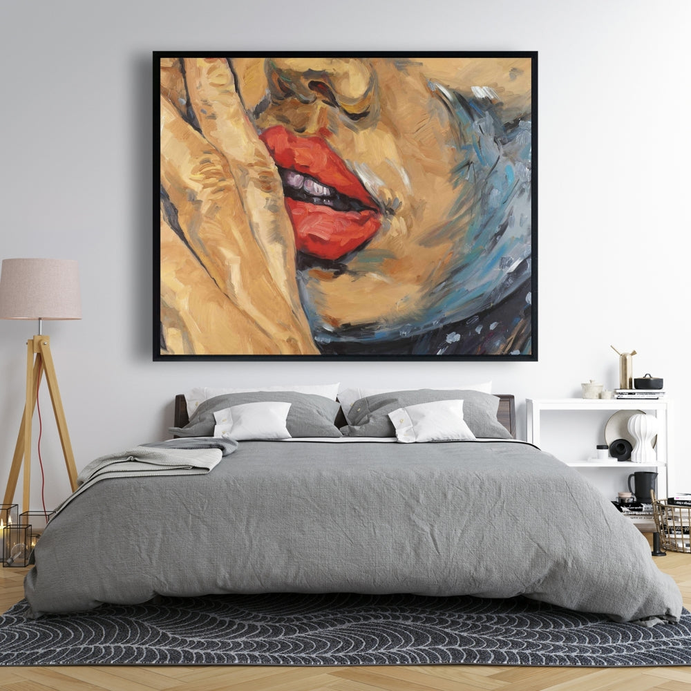 Figurative Brown Contemporary Framed Canvas - Shushing Lips Decor