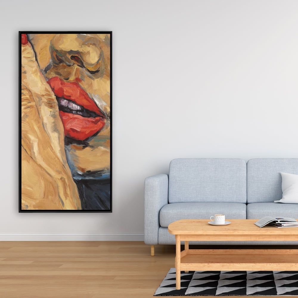 Figurative Brown Contemporary Framed Canvas - Shushing Lips Decor