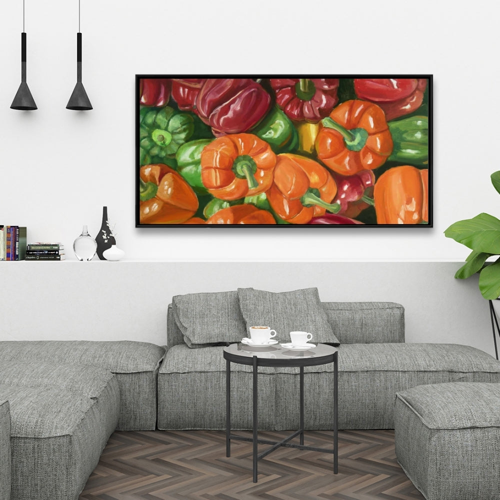 Toile encadrée rouge « Gastronomie rustique » – Décor « Lot of Peppers »