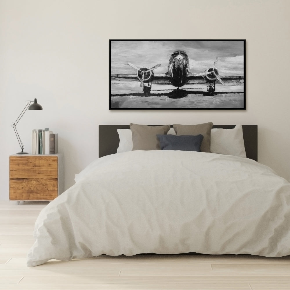 Grayscale Plane Canvas | Industrial Living Room Decor
