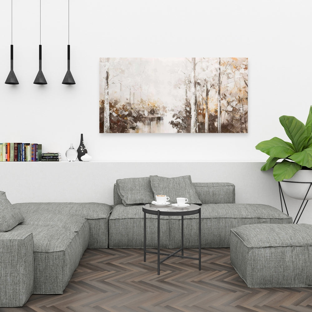 Toile abstraite marron avec forêt blanche | Décoration d'arbre paysager