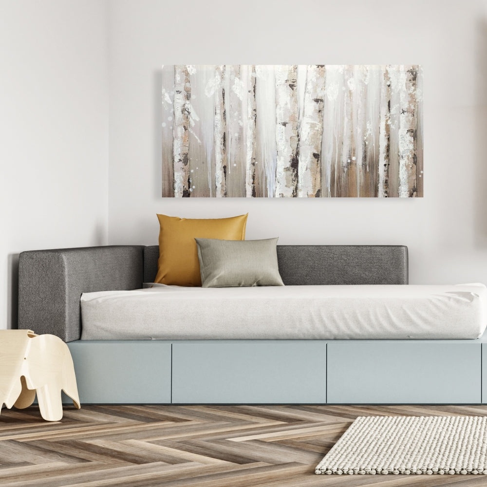 White Birches on Gray Canvas - Botanical Bedroom Wall Art