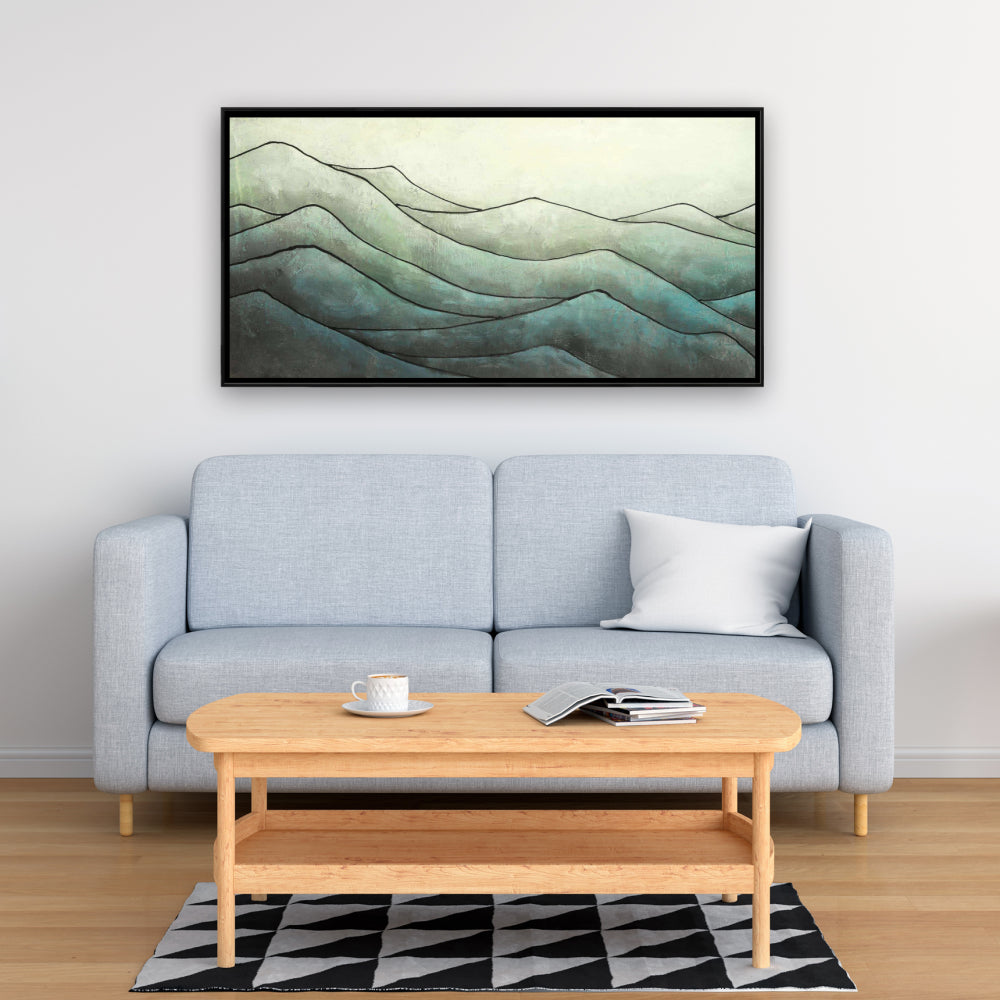 Dans les vagues - Décoration de chambre à coucher sur toile encadrée blanche avec montagnes