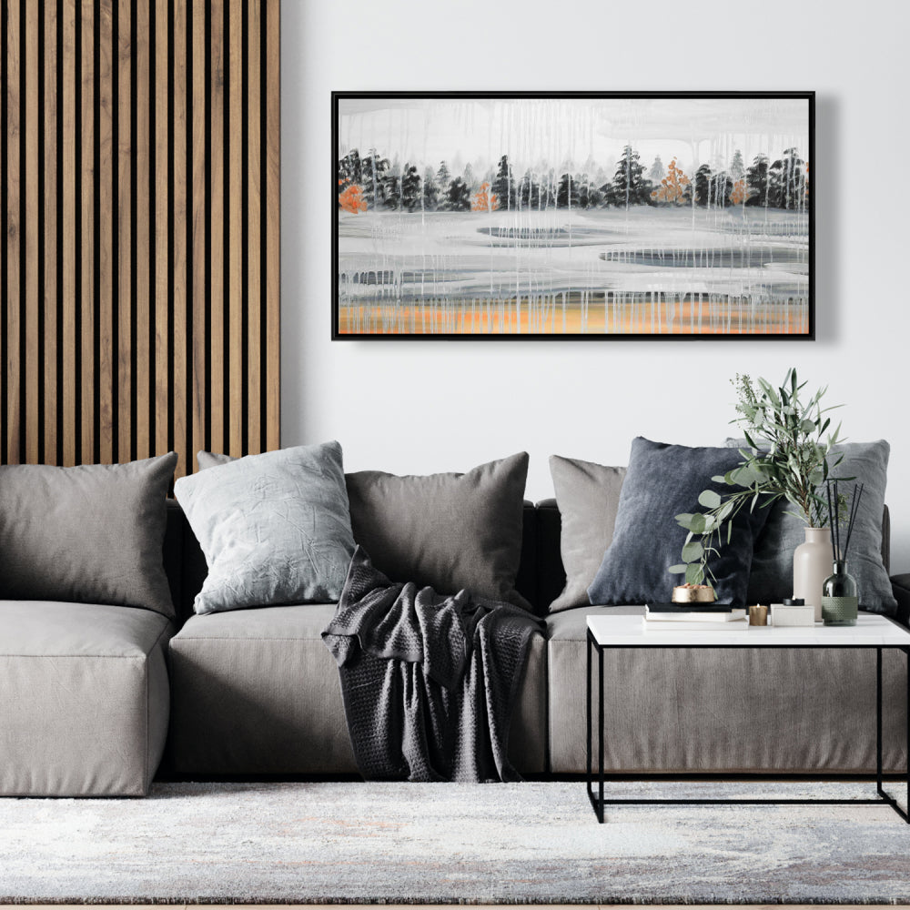 Winter Fir Landscape Framed Canvas | Gray Bedroom Decor