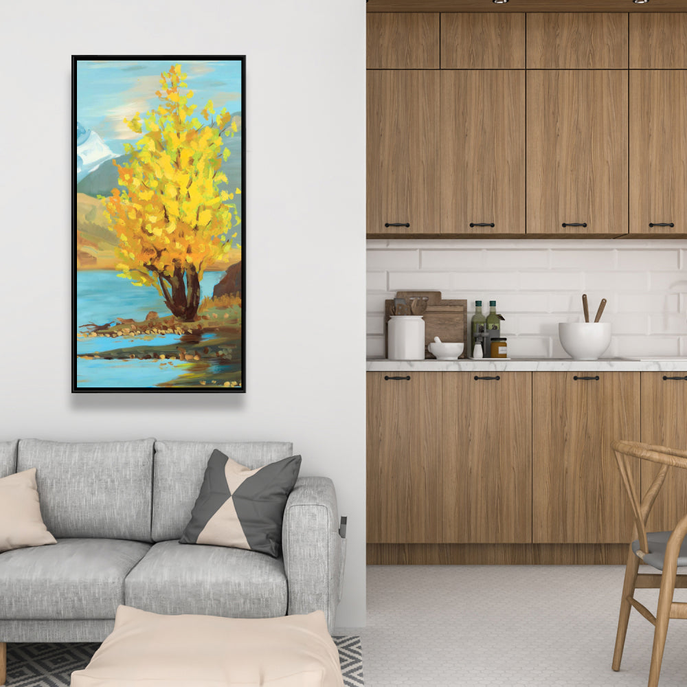 Toile encadrée « Réflexion d'arbre jaune » | Décoration côtière bleue