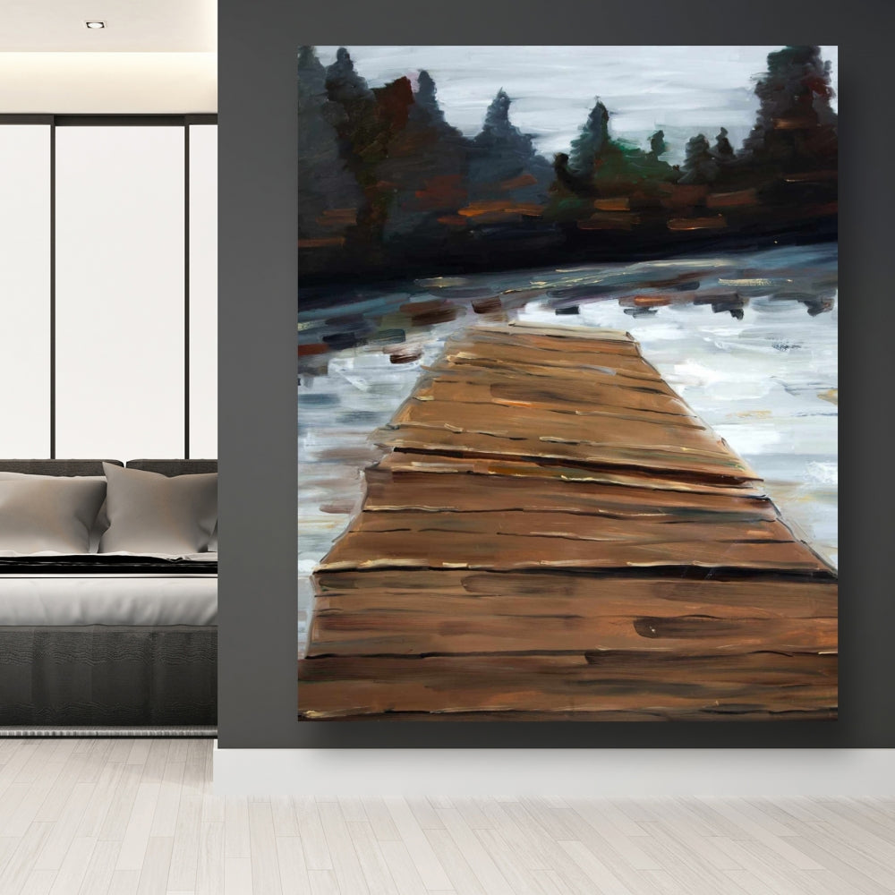 Toile blanche avec arbres rustiques - Décoration d'intérieur sur quai et lac
