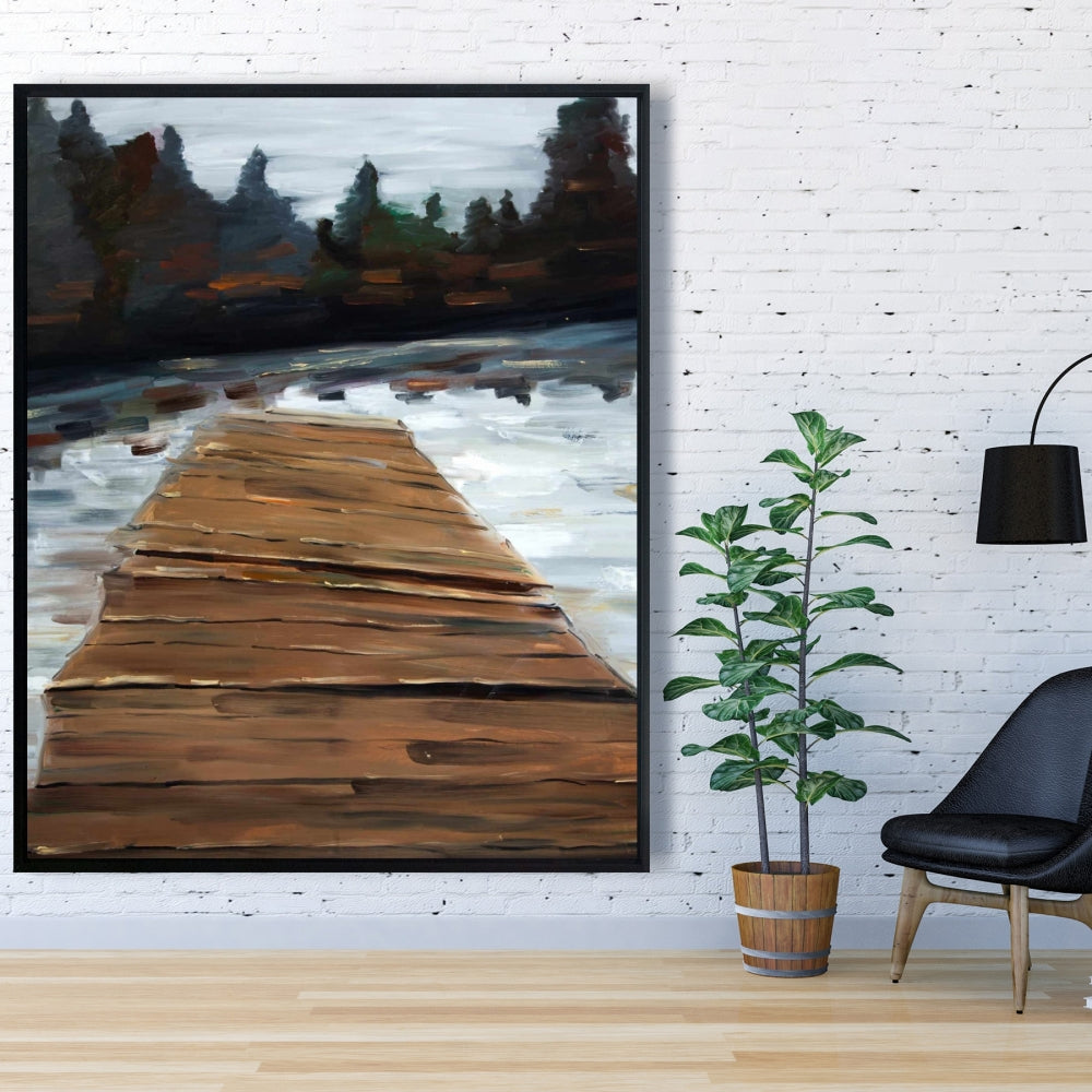 Coastal Rustic White Framed Dock and Lake Canvas | Home Decor