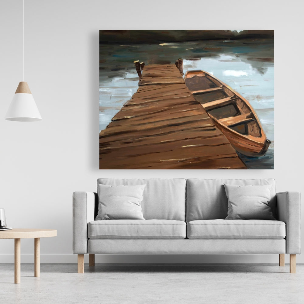 Coastal White Canvas - Lake, Dock and Boat | Home Decor