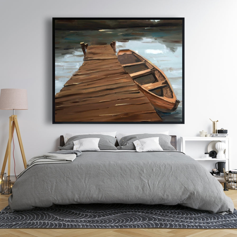 Lake, Dock, and Boat Coastal Canvas | Trees Bedroom Decor