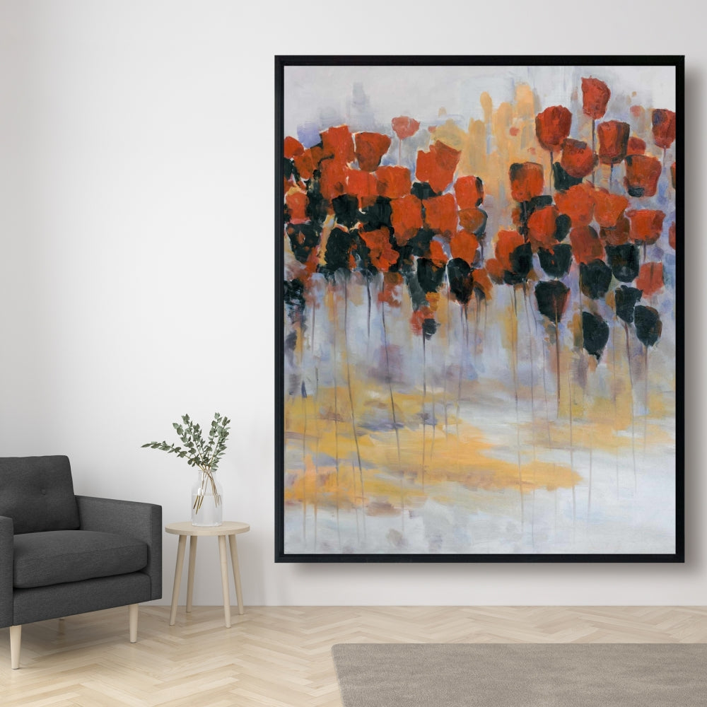 Abstract Yellow Bedroom Canvas - Red Flowers Field Decor