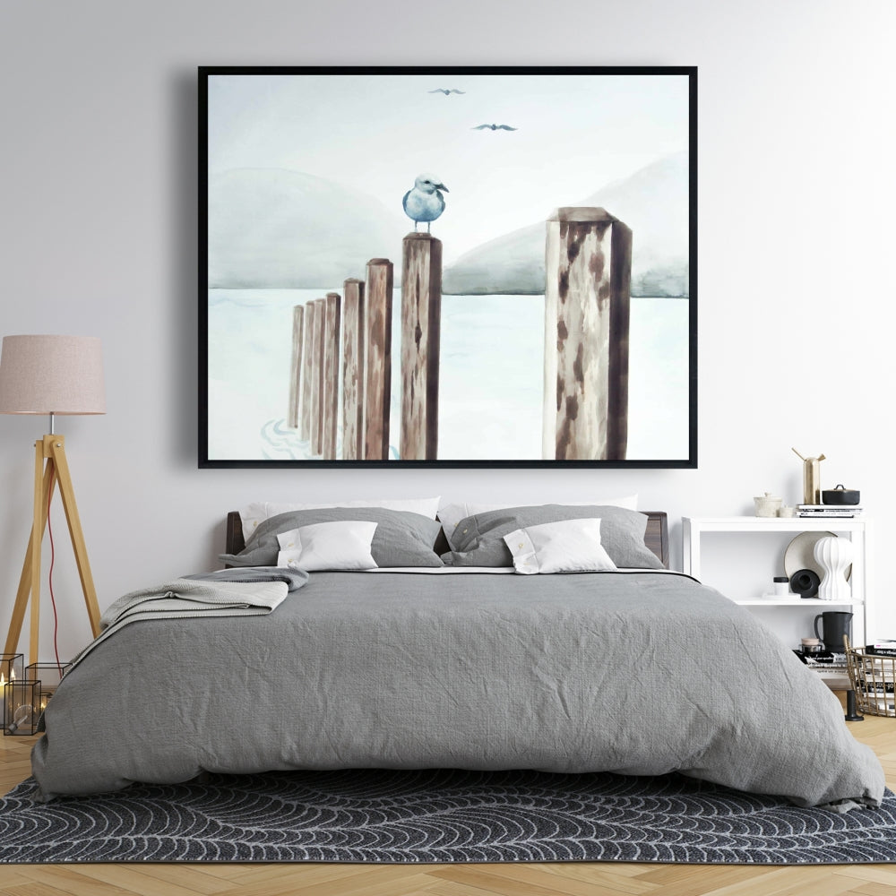 Mouette à la marina | Toile encadrée bleu marine