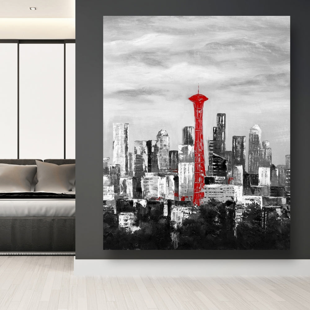 Space Needle in Red Canvas | White Cities Building Decor