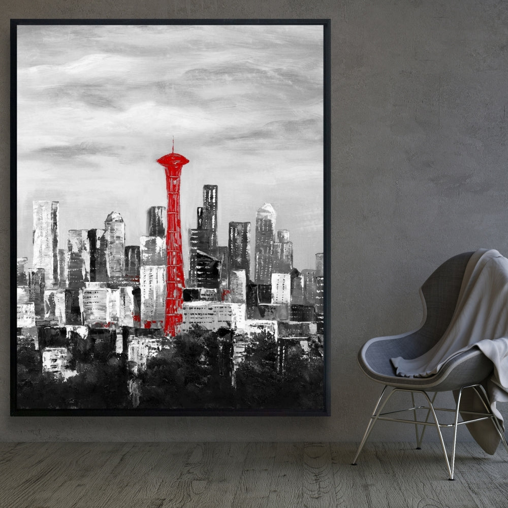 Space Needle in Red Canvas | White Frame | Home Decor Art