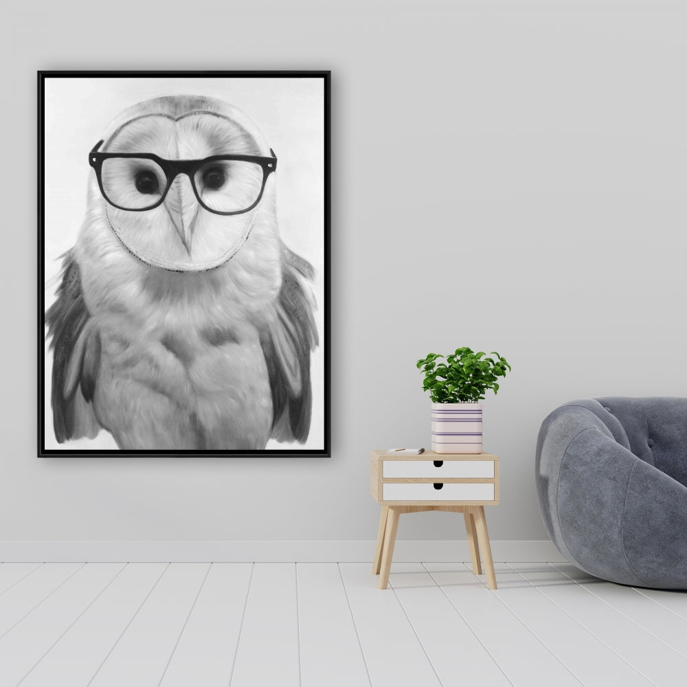 Barn Owl with Glasses | White Framed Canvas Home Decor