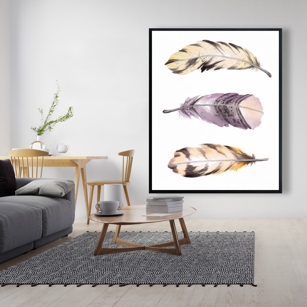 Toile bohème à plumes violettes | Décoration d'intérieur à rayures horizontales