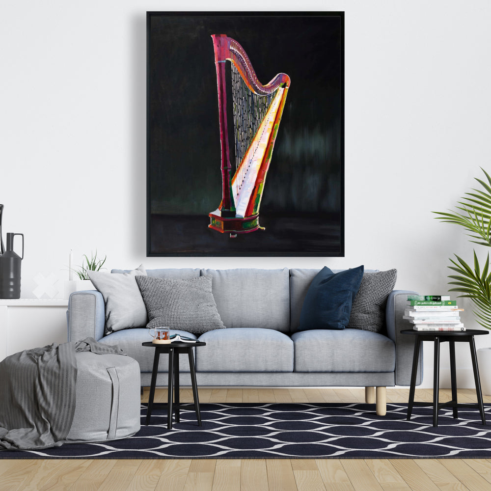 Harpe colorée et réaliste | Toile avec cadre noir pour décoration de chambre