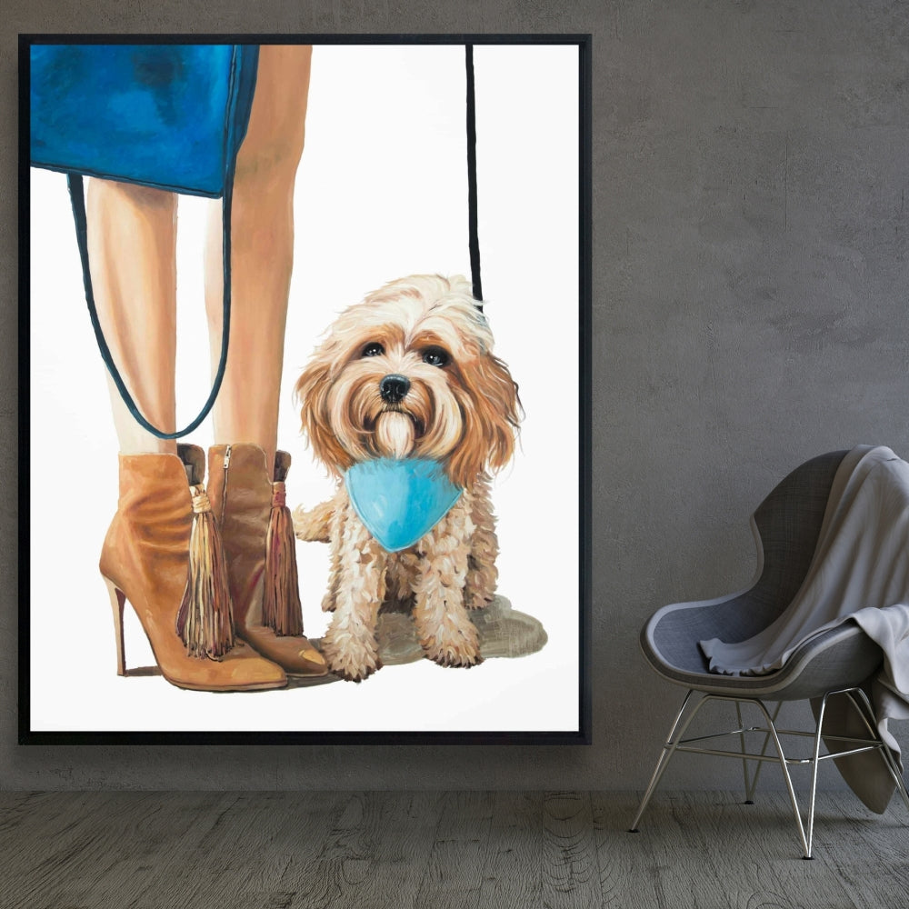 Toile à la mode représentant un chien Cavoodle - Décoration d'animaux bleus
