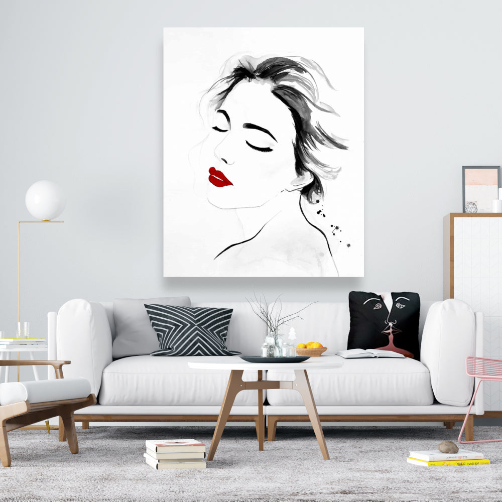 Right Side Watercolor Serenely Lady Portrait - White Canvas Decor
