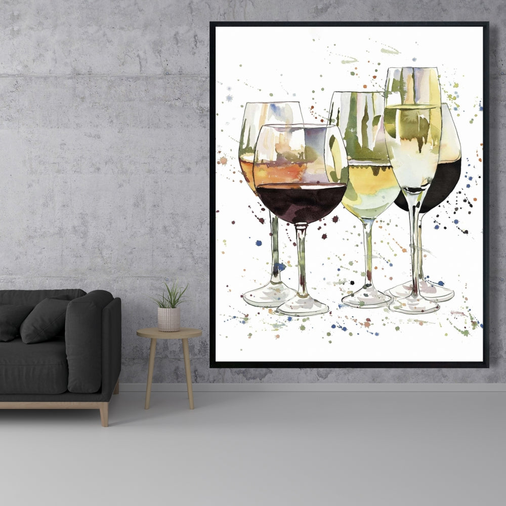 Toile encadrée jaune pour cuisine | Superbe décoration de verres à vin