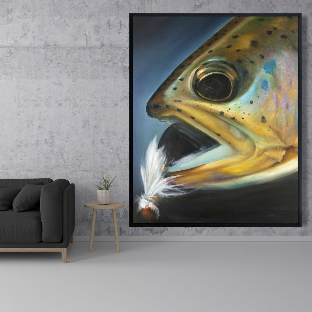 Toile encadrée « Pêche à la mouche à la truite dorée » | Décoration rustique