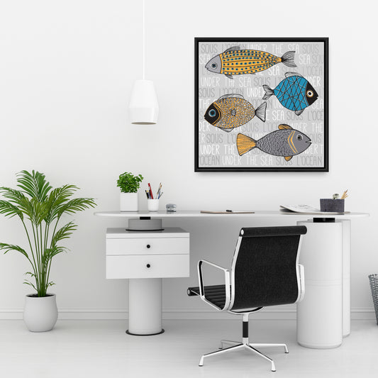 Toile encadrée avec illustration de poissons | Décoration de chambre aquatique