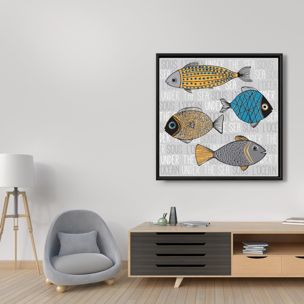 Fishes Illustration Framed Canvas | Aquatic Bedroom Decor