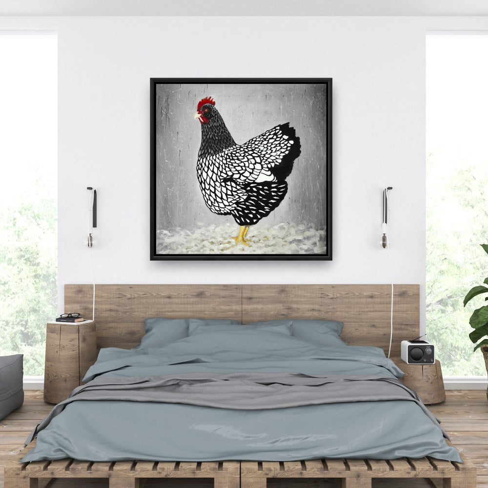 White Rustic Framed Canvas | Black and White Wyandotte Hen