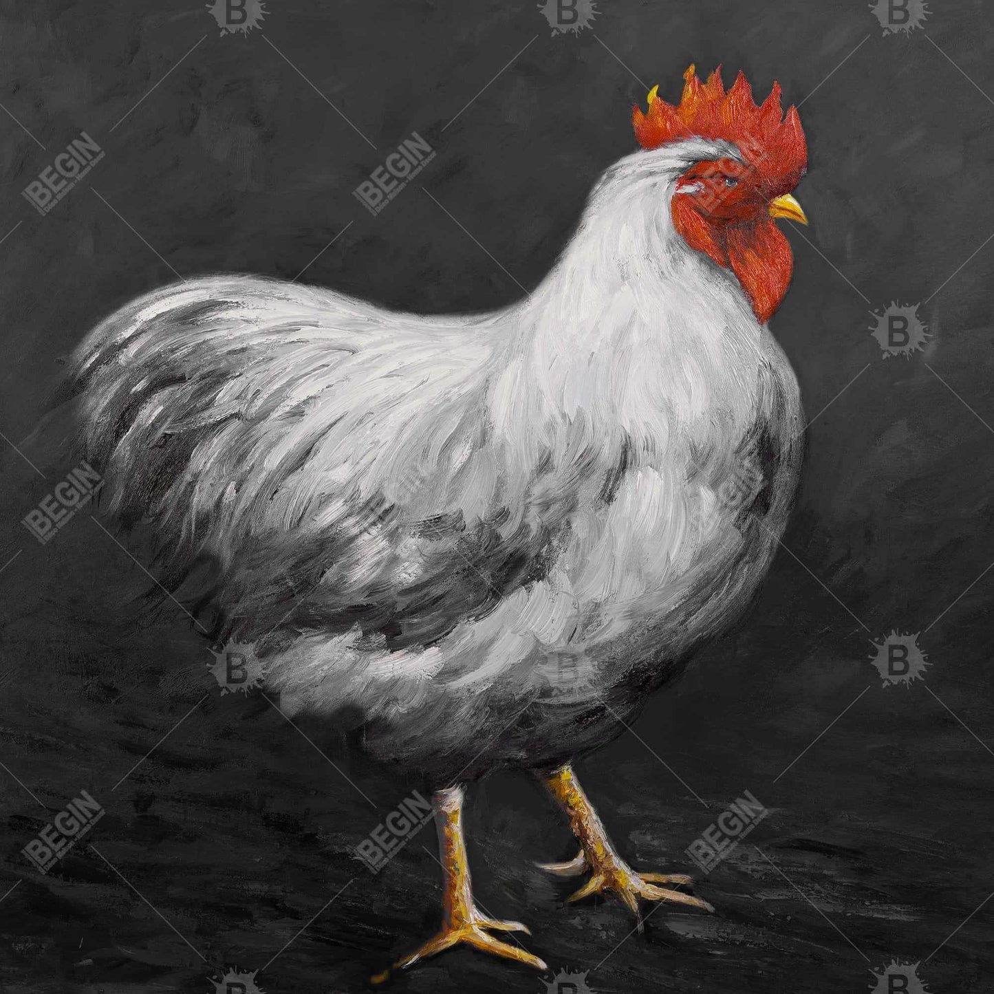Toile Coq gris - Décoration murale animaux de la ferme blancs