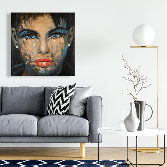 Toile de chambre bleue – Portrait féminin abstrait, décoration d'intérieur