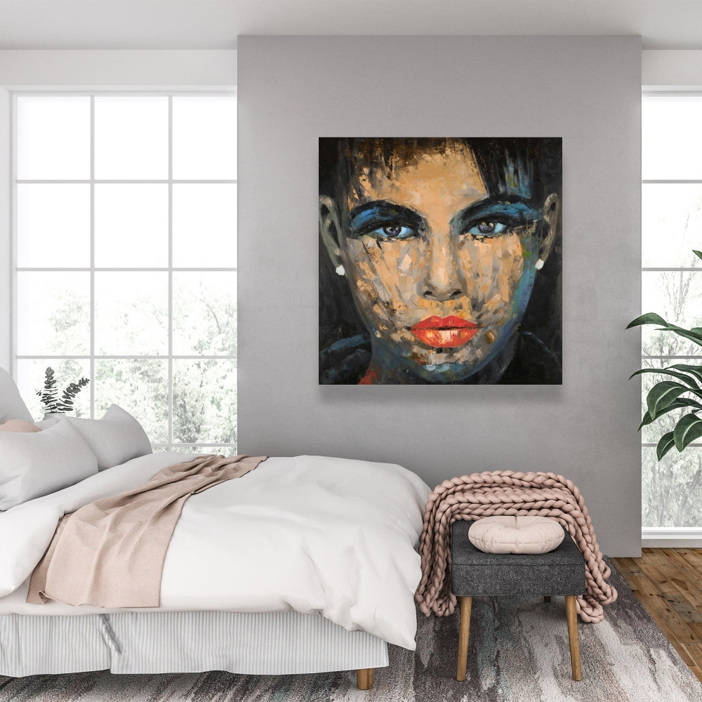 Toile de chambre bleue – Portrait féminin abstrait, décoration d'intérieur