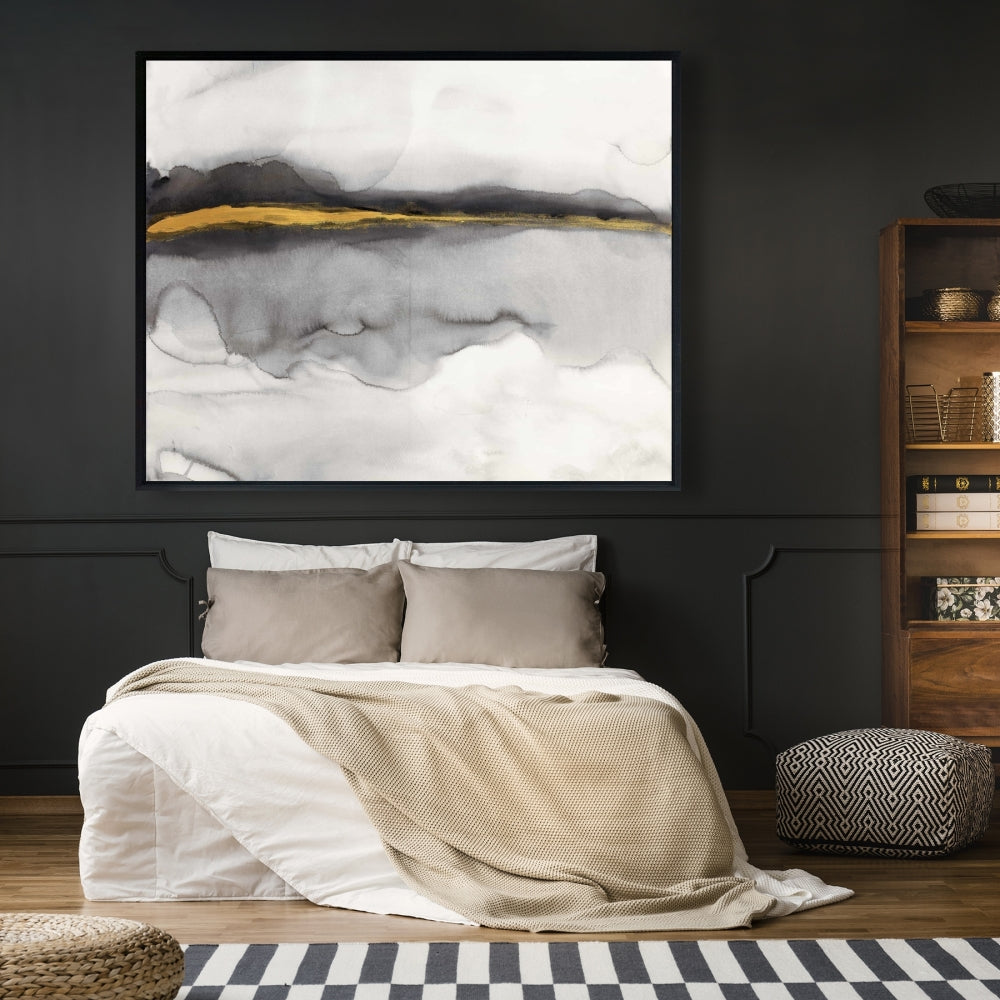 Toile abstraite à rayures dorées | Décoration d'intérieur avec cadre blanc