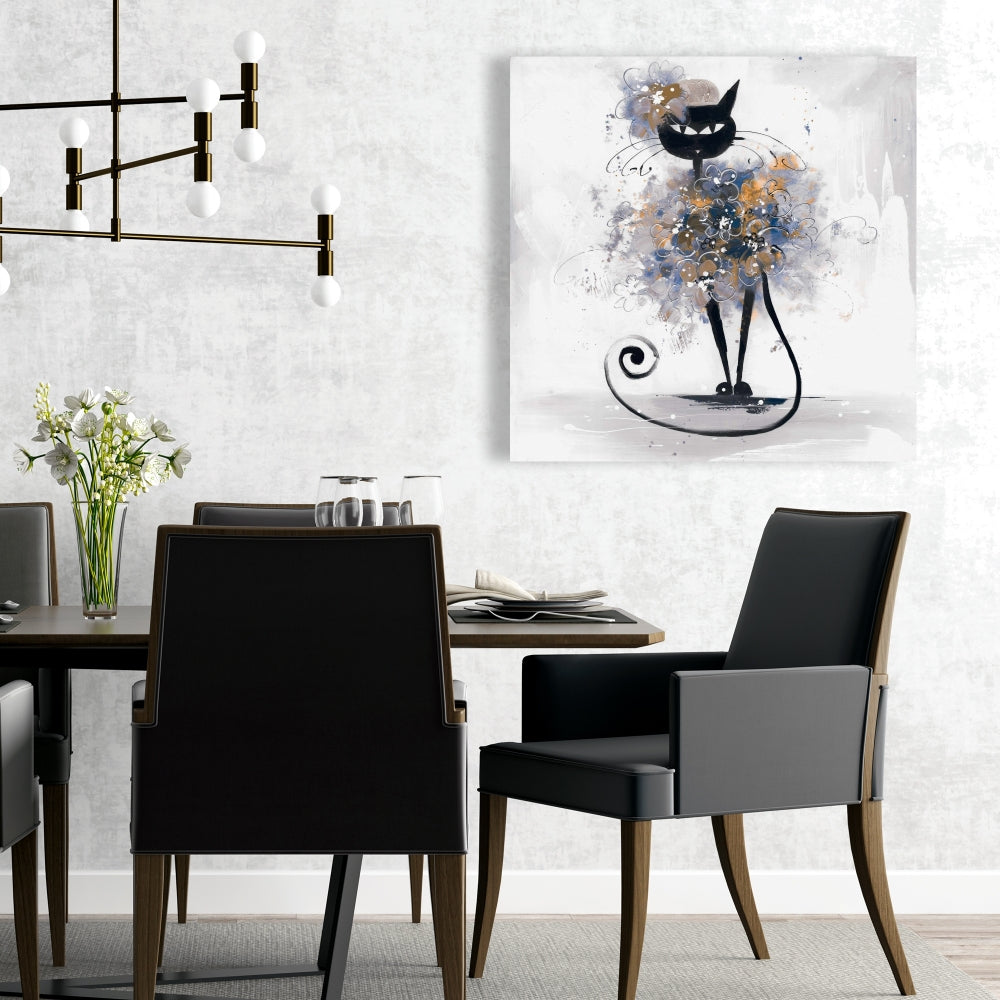Cartoon Black Cat Canvas | Bedroom Blue Pet Wall Art Decor