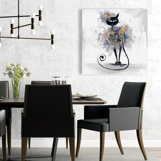 Toile de dessin animé de chat noir | Décoration murale bleue pour chambre à coucher