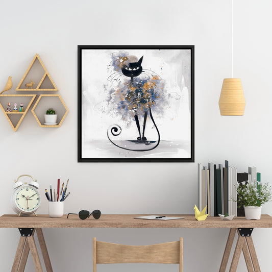 Toile de dessin animé Chat noir | Décoration de chambre pour animaux avec cadre bleu