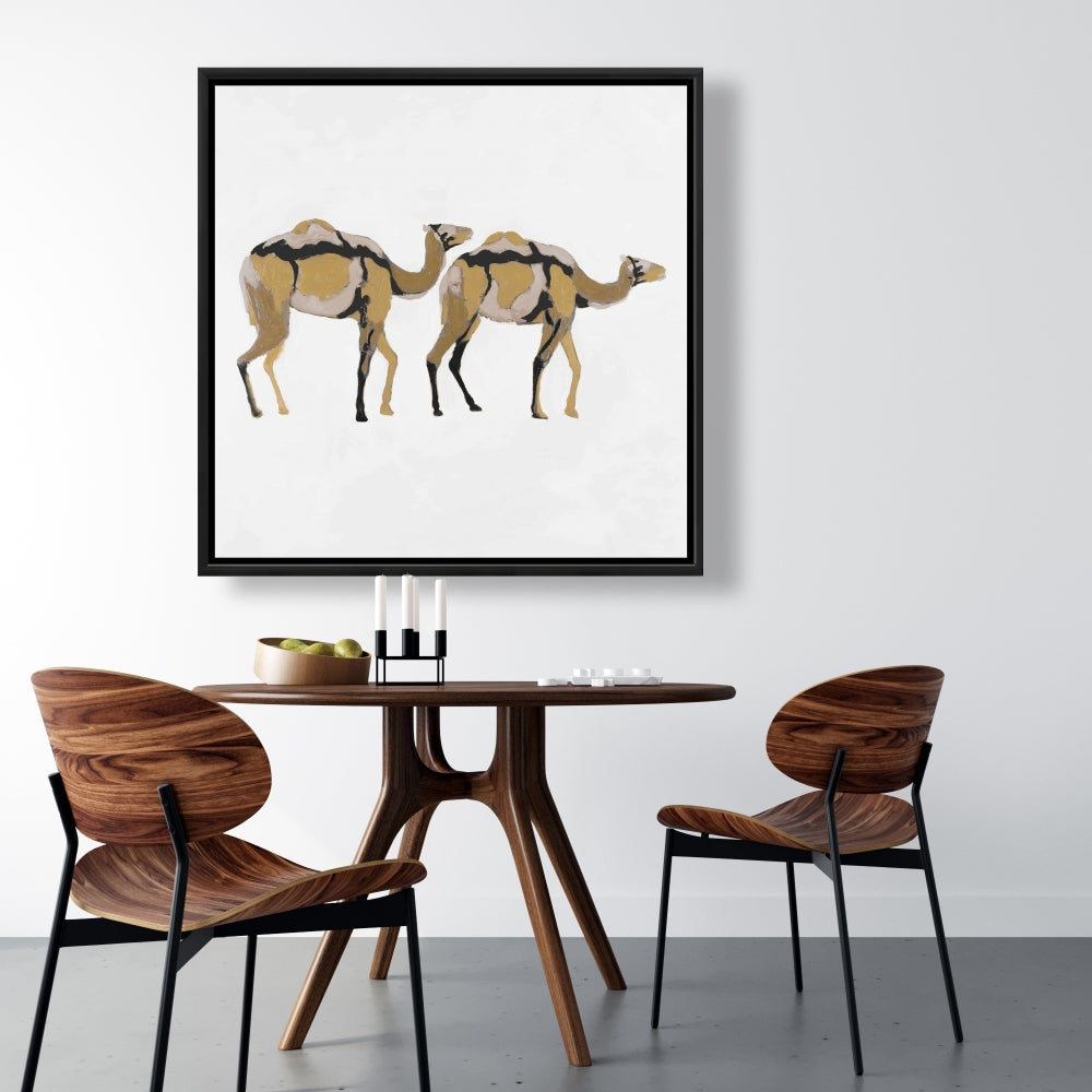 Toile abstraite « Deux dromadaires » | Art animalier avec cadre marron