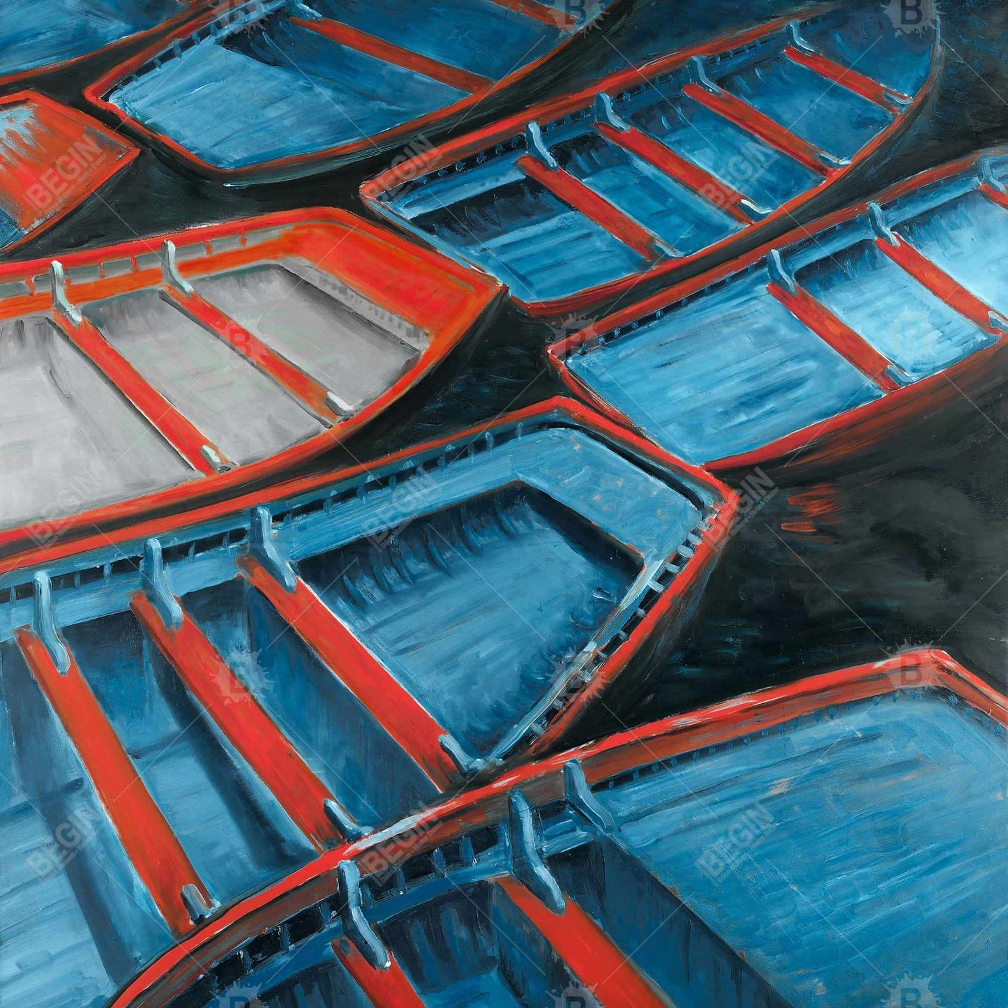Small Blue and Red Canoes Canvas | Coastal Home Decor