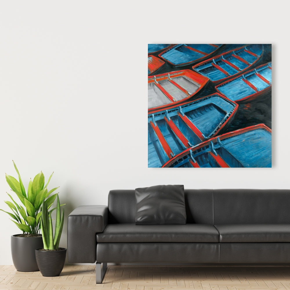 Small Blue and Red Canoes Canvas | Coastal Home Decor