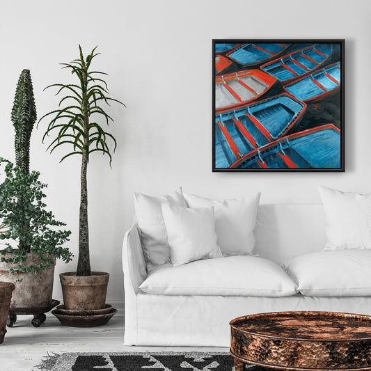 Marine Blue Bathroom Canvas | Small Blue and Red Canoes Decor