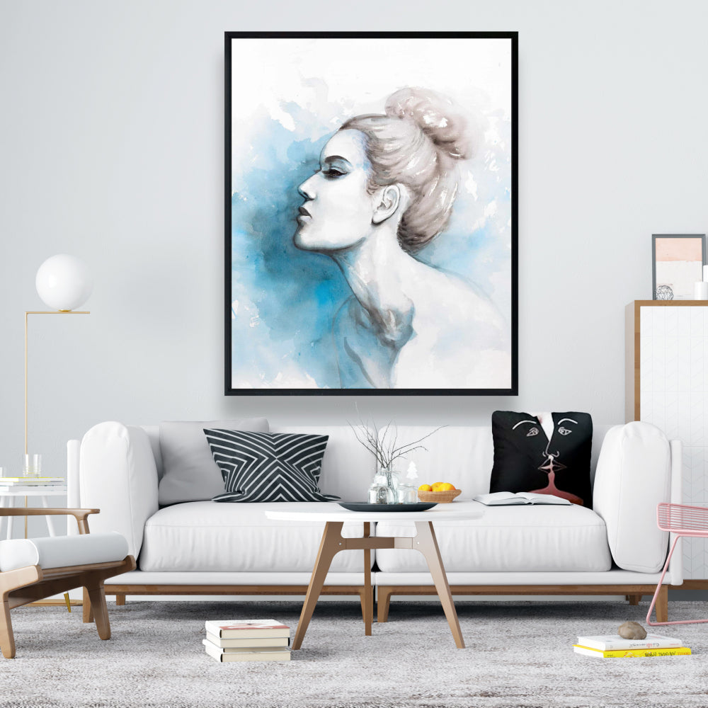 Watercolor Abstract Girl Canvas - Blue Frame Bedroom Decor