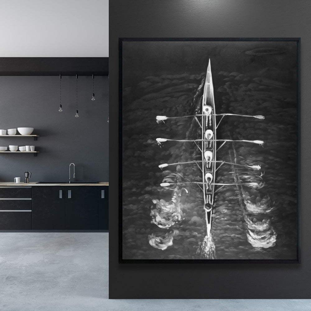 Toile encadrée blanche représentant un bateau à rames - Décoration d'intérieur sportive et ludique