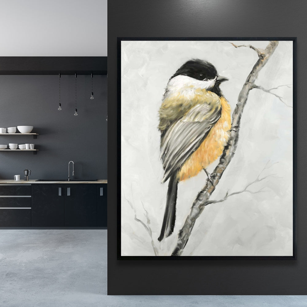 Small Coal Tit Canvas | Gray Framed Bird Art for Home Decor